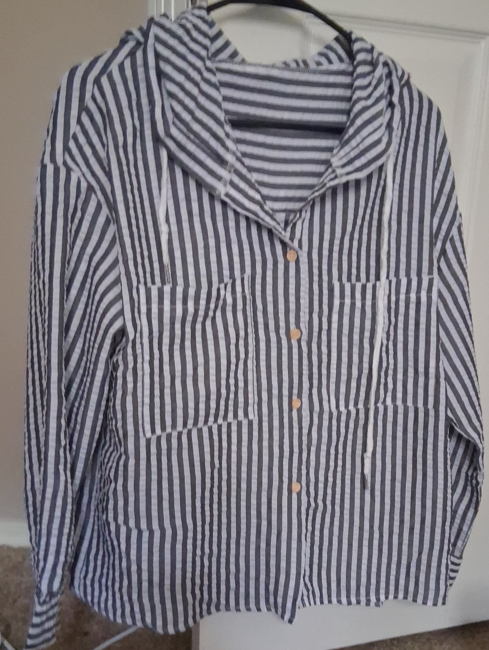 Striped Hooded Button-Front ladies Shirt - Blue & White